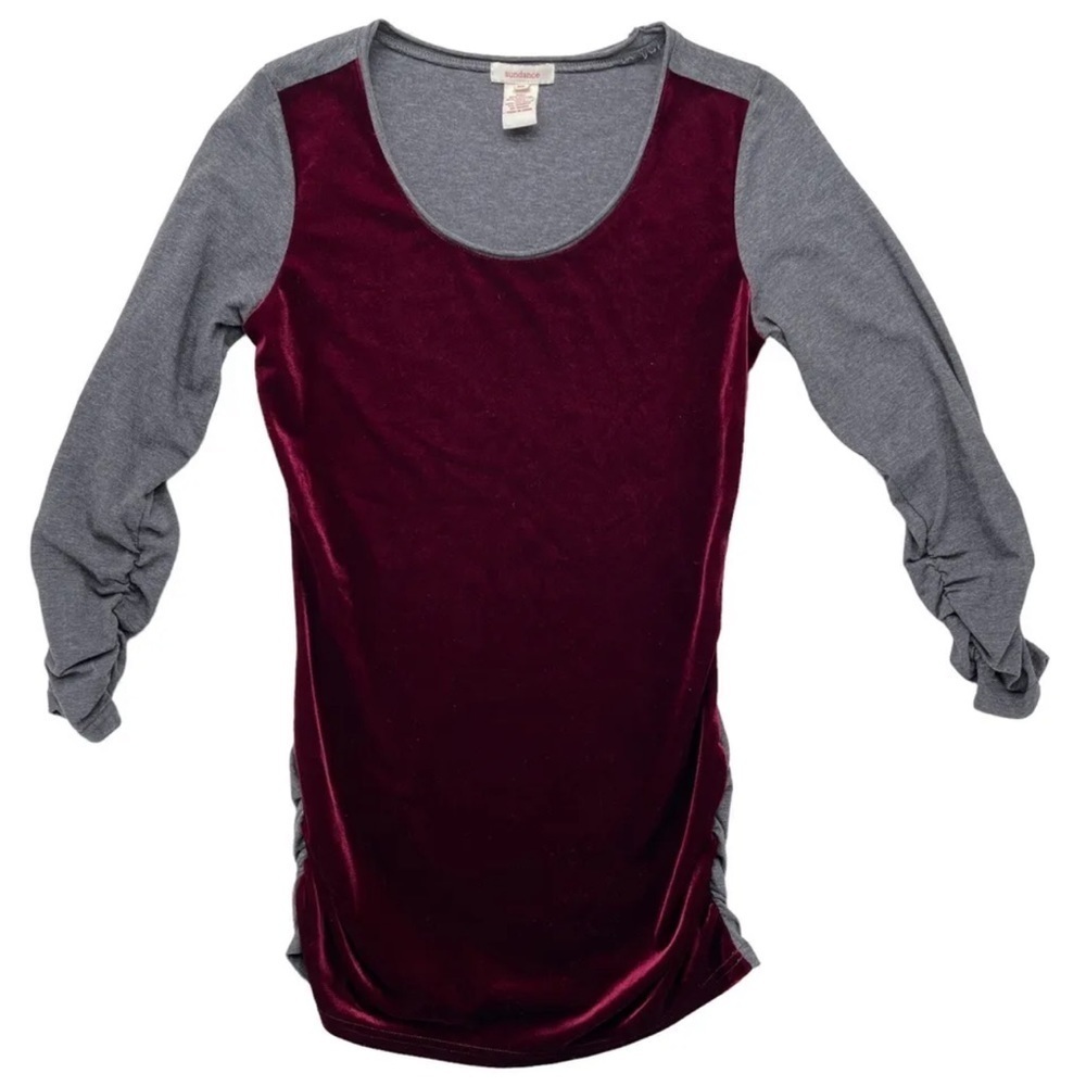 Sundance Blouse XS Dulcet Burgundy Velvet Colorblock Ruched Sleeve Top.